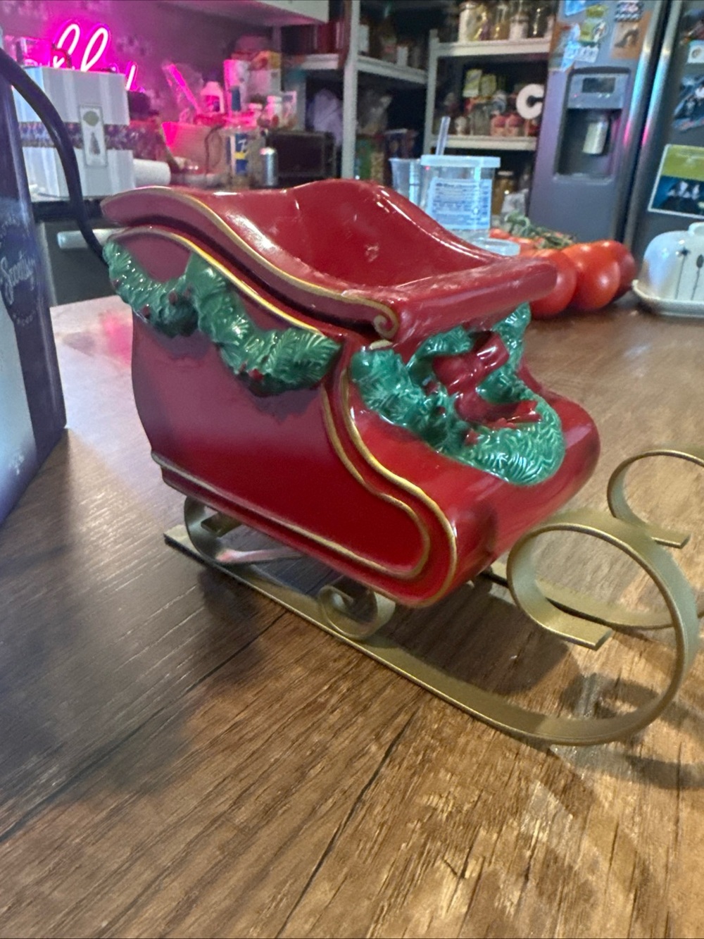 Scentsy Red and Green Holiday Sleigh Figurine with Gold Runners